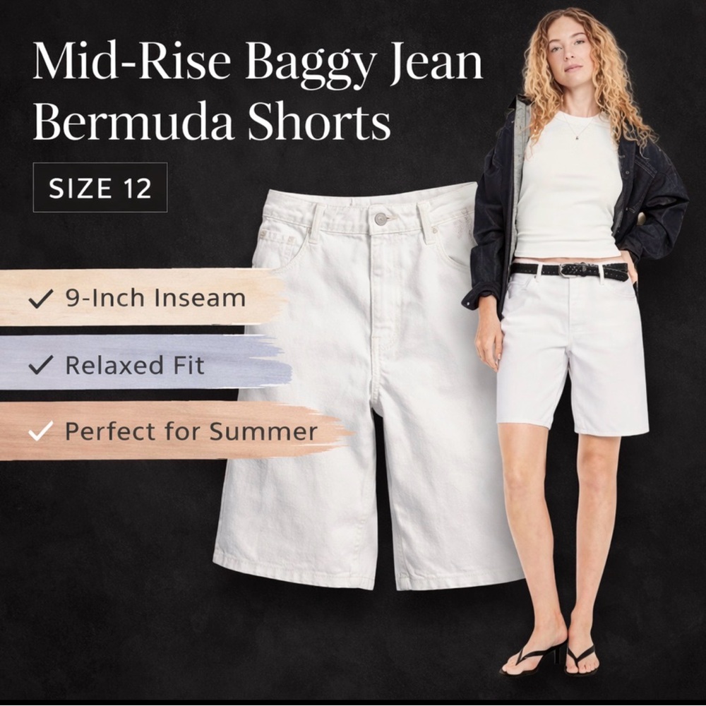 Old Navy White Mid-Rise Baggy Bermuda Shorts